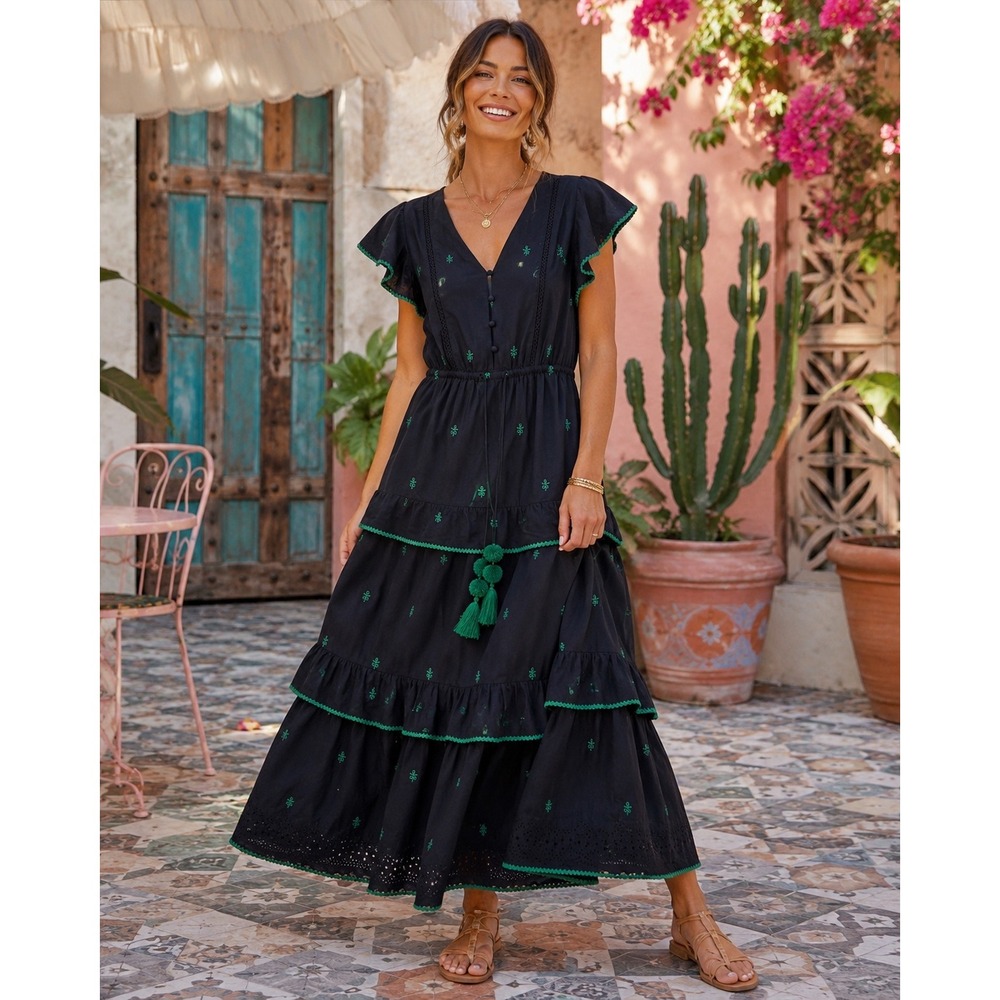 J.Crew Embroidered Cotton Voile Tiered Midi Dress Size 8 Navy Green Boho